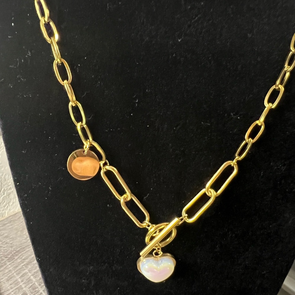 Gold plated stainless steel Chain Necklace with Heart Pendant 21” - Picture 2 of 4